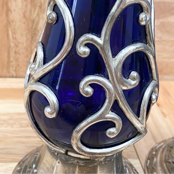 Rare Vintage MCM Mid Century Cobalt Blue Caged Glass Ornate 10” Candle Holder - Picture 6 of 12